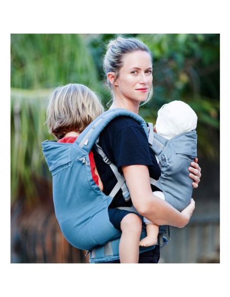Porte-enfant préformé P4 preschool, Stormy Blue, coton bio; double portage avec un P4 baby size, Titane